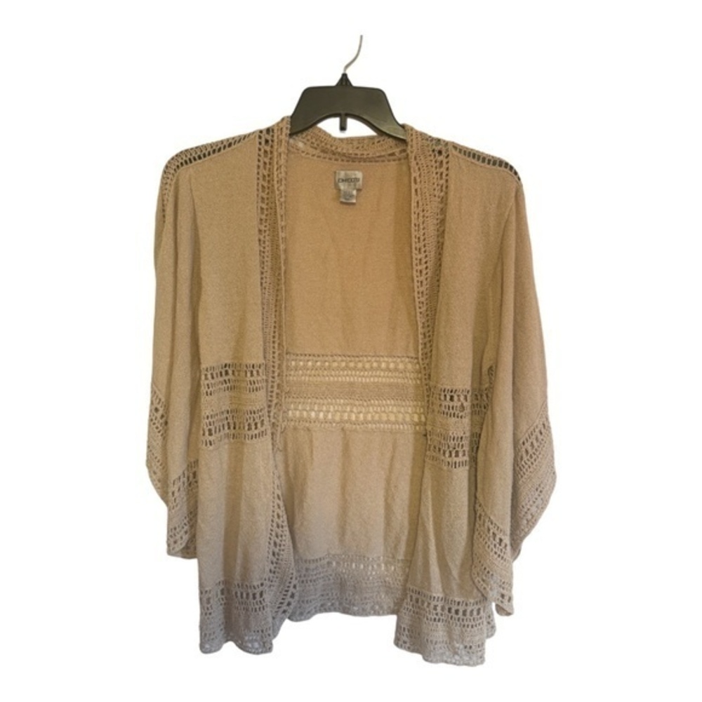 Chico's Womens Open Cardigan Crochet Beige Raimie Size M (Size 1) Grandmacore